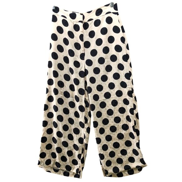 Zara Wide Leg Crop Satin Pants Womens M High Rise Beige Black Polka Dot Culotte - Picture 1 of 10